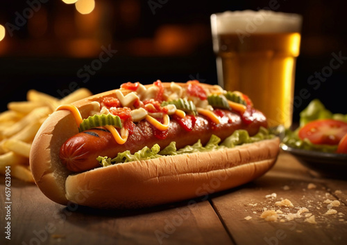 Hot dog with sauce and french fries and glass of lager beer on wooden table.Macro.AI Generative