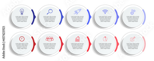 Business Infographic Template Design. Timeline with 10 marketing steps, options and icons. Vector linear infographic with ten connected elements. Can be used for presentations in your business.