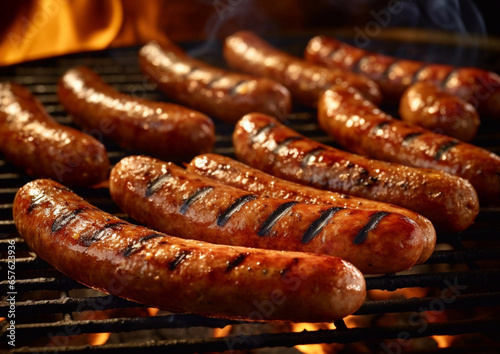 Grill on fire with pork and beef hot sausages.Macro.AI Generative