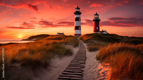 Two lighthouses on a sand dunes in evening sunlight