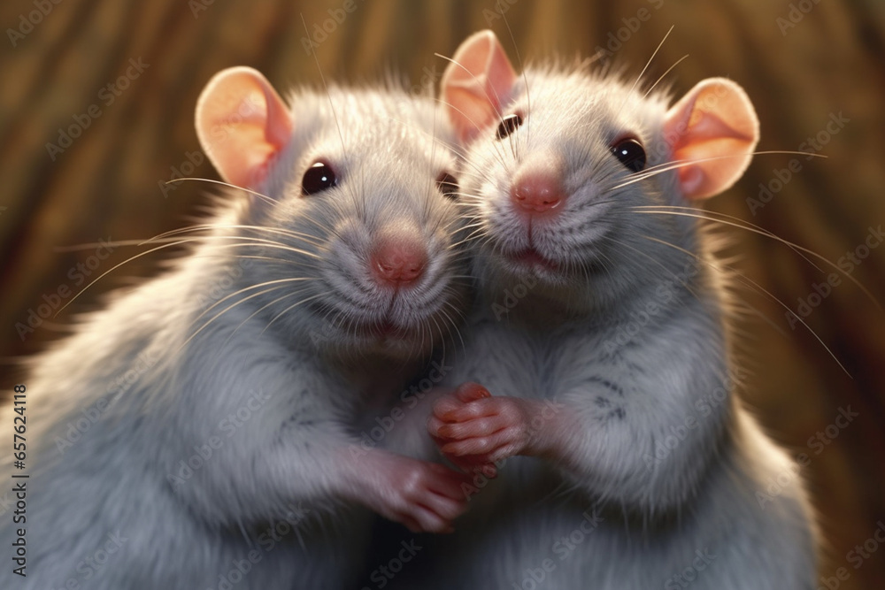 A snuggling pair of pet rats, challenging common misconceptions and showcasing the affectionate and intelligent nature of these small mammals. A snuggling pair of pet rats, challenging common misconceptions and showcasing the affectionate and intelligent nature of these small mammals.