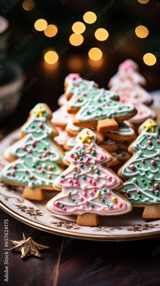 Colorful sugar cookies shaped like Christmas trees and reindeer