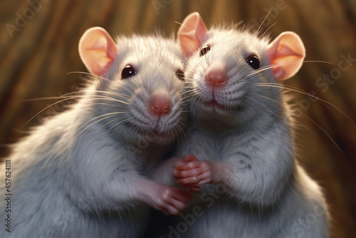 A snuggling pair of pet rats, challenging common misconceptions and showcasing the affectionate and intelligent nature of these small mammals. 