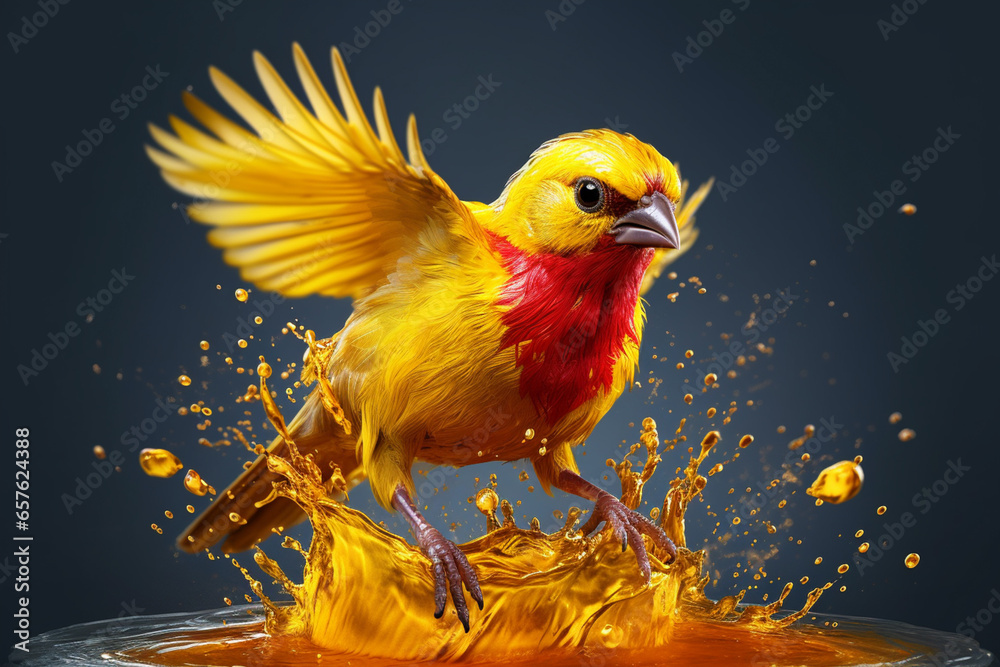 An vibrant photograph of a Canary splashed in bright paint, contemporary colors and mood social background. An vibrant photograph of a Canary splashed in bright paint, contemporary colors and mood social background.