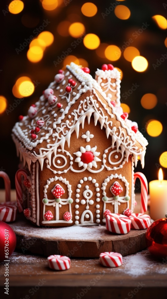 Festive gingerbread house with candy canes and icing decorations Festive gingerbread house with candy canes and icing decorations
