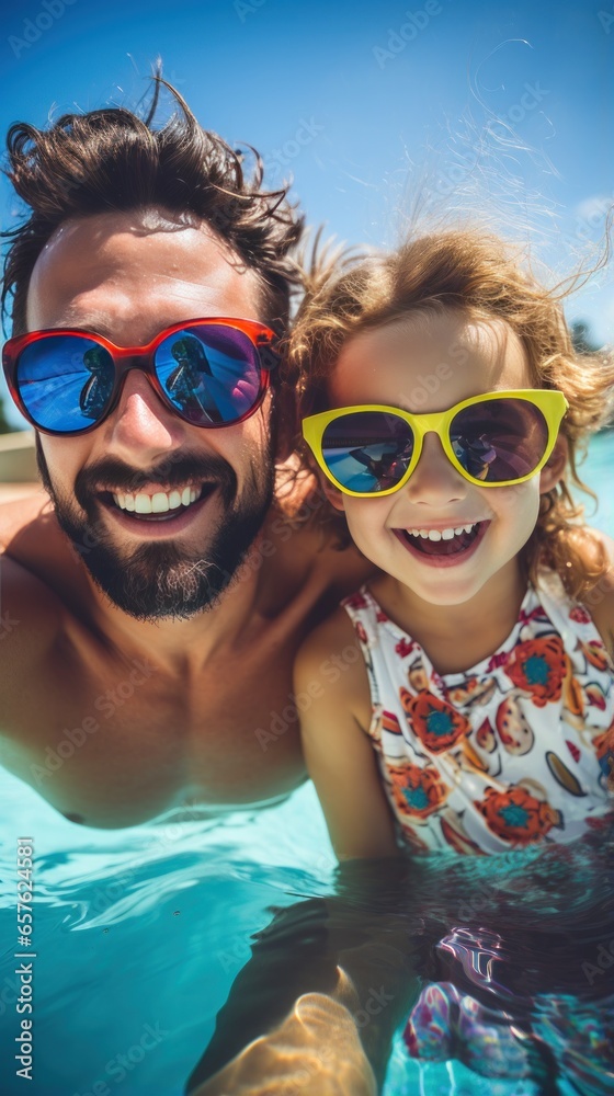 Happy family having fun in the pool on a sunny day Happy family having fun in the pool on a sunny day