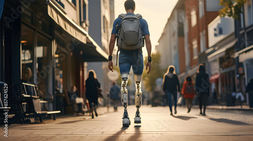 Disabled young man with prosthetic legs walking in the street. AI generated image.