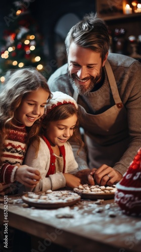 Happy parents and kids smiling while decorating cookies with sprinkles