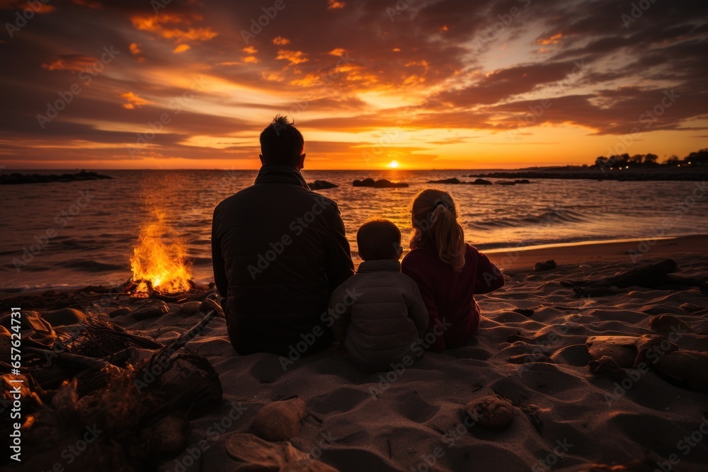 Loving family cuddling and watching the sunset on the beach Loving family cuddling and watching the sunset on the beach