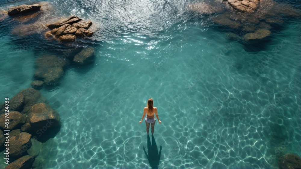 A serene shot of a lone swimmer in a crystal-clear pool