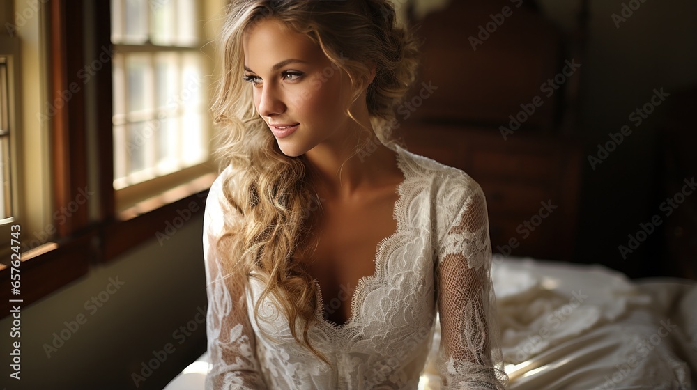 Naklejka premium Intimate moment captured as the bride gets ready for the ceremony