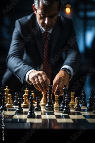 A photograph featuring a businessman strategically moving a chess piece on a board game