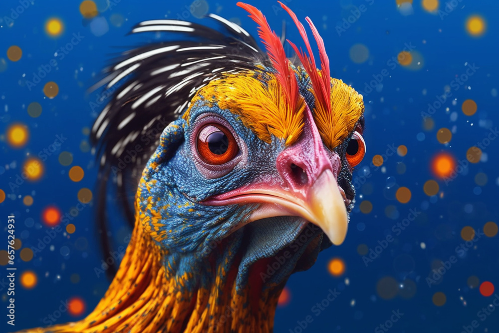  An vibrant photograph of a Guinea fowl splashed in bright paint, contemporary colors and mood social background. 