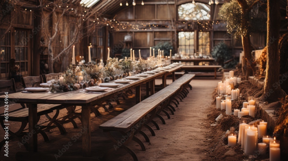 Rustic barn venue adorned with string lights and greenery Rustic barn venue adorned with string lights and greenery