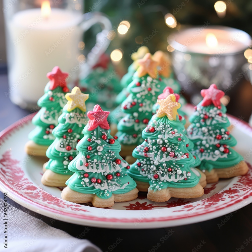 Colorful sugar cookies shaped like Christmas trees and reindeer Colorful sugar cookies shaped like Christmas trees and reindeer