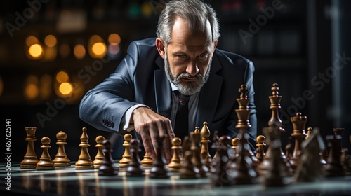 A photograph featuring a businessman strategically moving a chess piece on a board game
