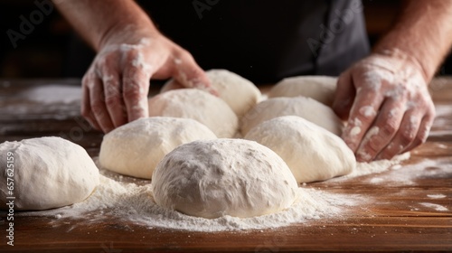 Flour-covered hands forming dough into perfect round shapes