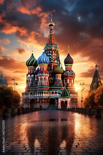  Iconic Saint Basil's Cathedral with colorful onion domes in Red Square, Moscow, Generative AI photo