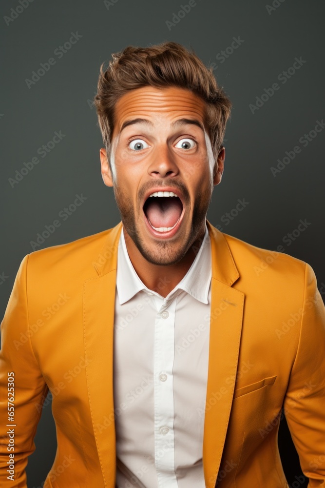 Excited and Surprised Young manager expresses his excitement and surprise by opening his eyes and mouth wide Excited and Surprised Young manager expresses his excitement and surprise by opening his eyes and mouth wide