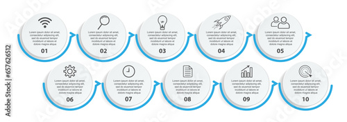 Business Infographic Template Design. Timeline with 10 marketing steps, options and icons. Vector linear infographic with ten connected elements. Can be used for presentations in your business.