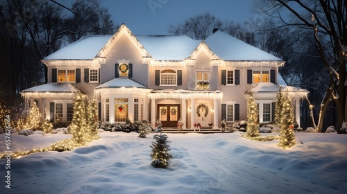 Opulent Winter Glow: A Grandiose House Brilliantly Illuminated by Luxurious Christmas Lights