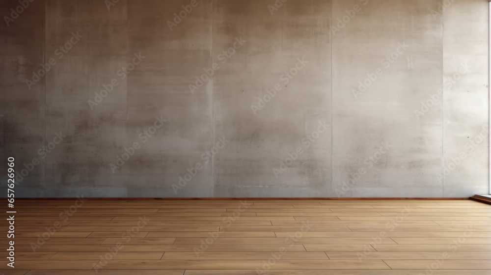 3d rendering of empty room with wooden floor and concrete wall