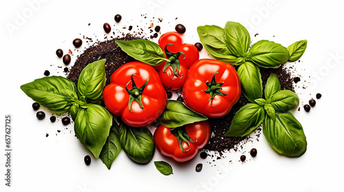 Elemento de comida, culinária, dieta ou design de jardim feito de tomates maduros inteiros e fatiados, folhas de manjericão e grãos de pimenta preta e verde isolados