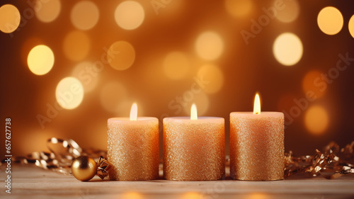 Golden glittering sp candles aglow  casting a soft illumination backdrop of twinkling lights  capturing the essence of festive warmth and elegance