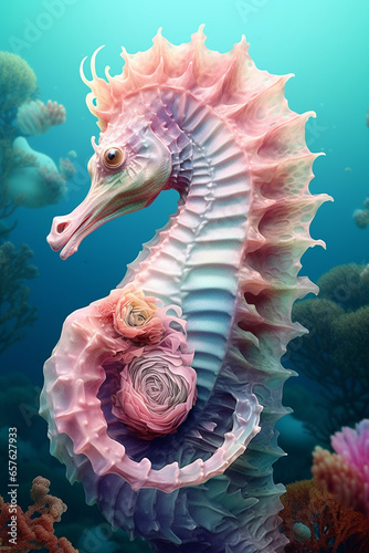 A pastel seahorse with delicate curves and patterns, its soft hues mirroring the tranquil depths of the ocean in a dreamlike pastel style. 