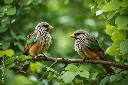 two birds are sitting on a tree branch with a background of green leaves © igustiayusiska