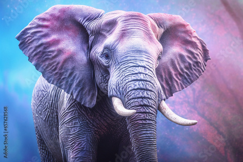 A pastel-colored Elephant with a majestic mane, rendered in soft hues of pink, purple, and blue, exuding a serene and regal presence. 