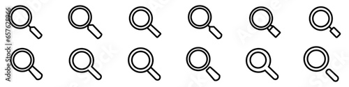 Magnifying glass magnifier. Vector black isolated icons of magnifier or magnifying glass of different shapes. Search icon with magnifying glass vector. Screen magnifier sign on a white background. EPS
