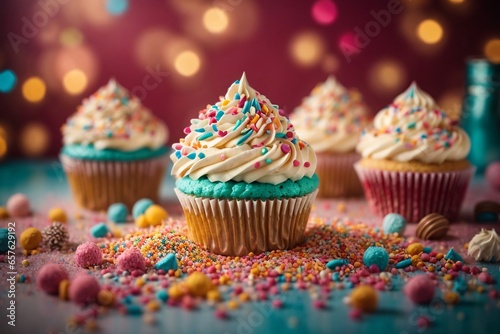 Confectionery design of delicious beauty delicious and tasty cupcakes with cream and colorful sprinkles in the colorful background of the kitchen. Generative AI.