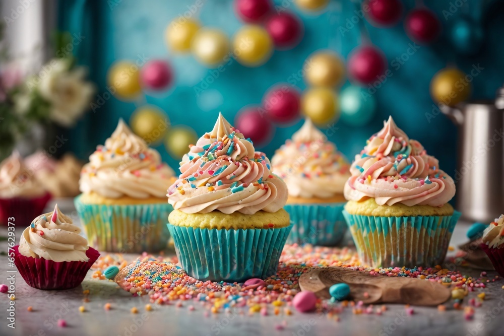 Confectionery design of delicious beauty delicious and tasty cupcakes with cream and colorful sprinkles in the colorful background of the kitchen. Generative AI. Confectionery design of delicious beauty delicious and tasty cupcakes with cream and colorful sprinkles in the colorful background of the kitchen. Generative AI.