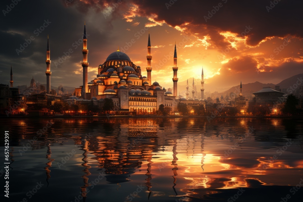 Majestic mosque with stunning minarets against a golden sunset, Generative AI