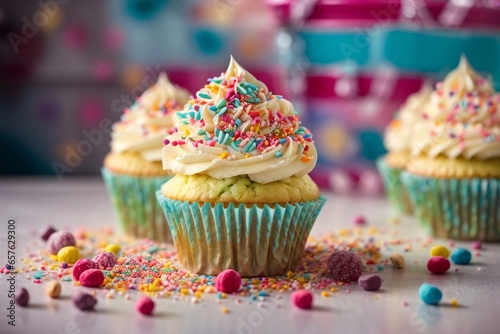 Confectionery design of delicious beauty delicious and tasty cupcakes with cream and colorful sprinkles in the colorful background of the kitchen. Generative AI.