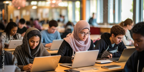 Teenage students of different races studying in the classroom