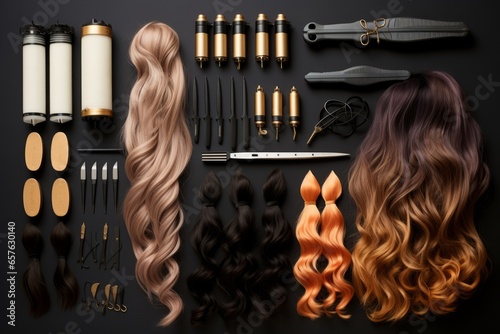 Hair extension kit with hair wefts, extensions, and installation tools, Generative AI photo
