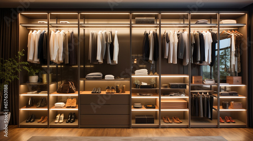 3d rendering minimal loft dark wood walk in closet with wardrobe photo