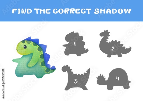 Educational logic matching game Find correct shadow of dinosaurs. Find 2 same objects. Choose correct answer. Printable worksheet  learning study page nursery childish activity. cute dinosaurs