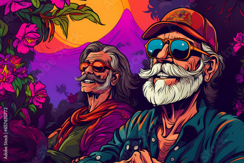 Two old happy friends enjoying a vacation in a tropical paradise. Colorful portrait of smiling elderly men traveling together