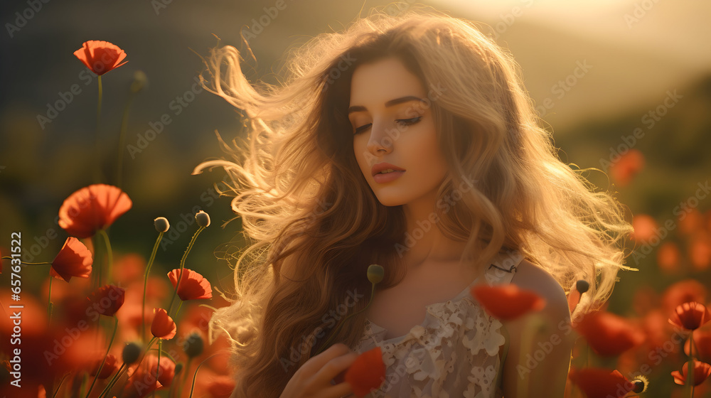 Young woman walking through the poppy flowers field. AI generated image.