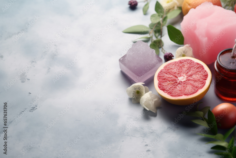 Spa still life with half of grapefruit, crystals and flowers, copy space Spa still life with half of grapefruit, crystals and flowers, copy space