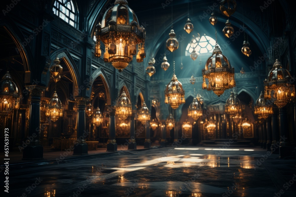 Mosque's mesmerizing chandeliers hanging from its high ceilings, Generative AI