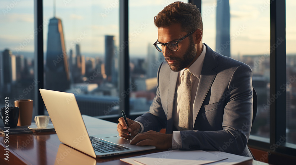 Handsome Young Bearded Businessman Sitting At His Workplace Writing A Note. Business Theme