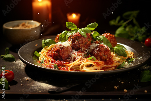 Spaghetti meatball with marinara sauce close up, detailed foods photo