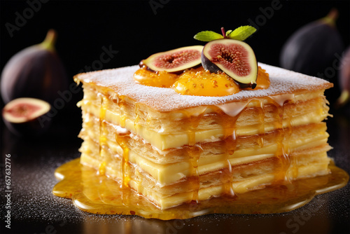 Delicious honey cake with fig jam on top sliced detailed desserts