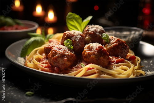 Spaghetti meatball with marinara sauce close up, detailed foods