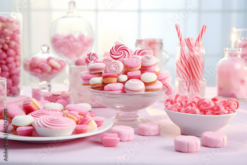 Pink candy bar with lollipops and macaroons desserts delicious