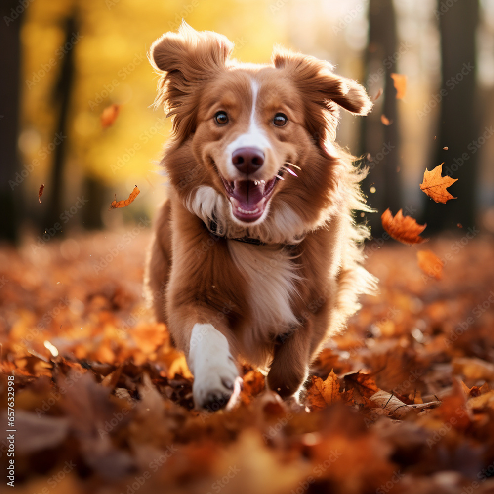 Dog running at park in autumn leaves